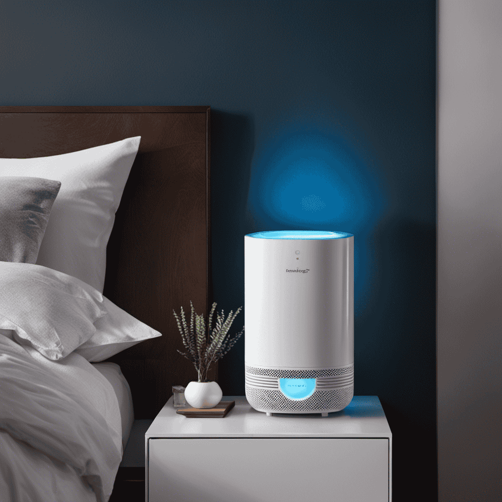 An image showcasing a sleek, compact cold air purifier placed on a bedside table