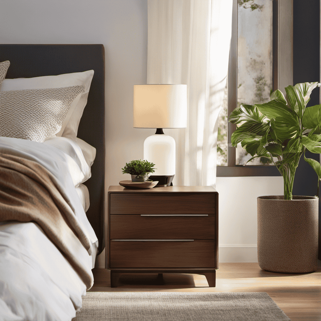 An image showcasing a serene bedroom with a compact, whisper-quiet air purifier placed on a nightstand