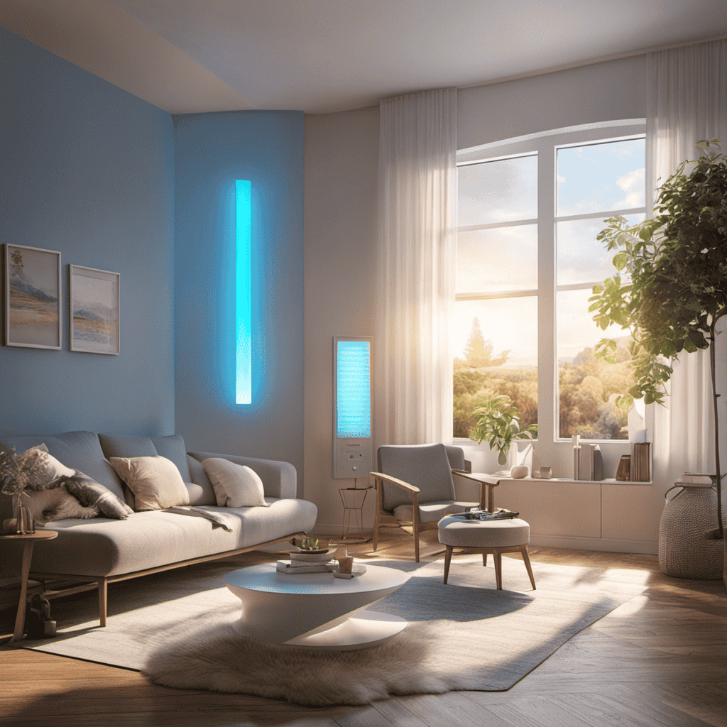 An image showcasing a cozy living room with sunlight streaming through a window, capturing an air purifier in the corner