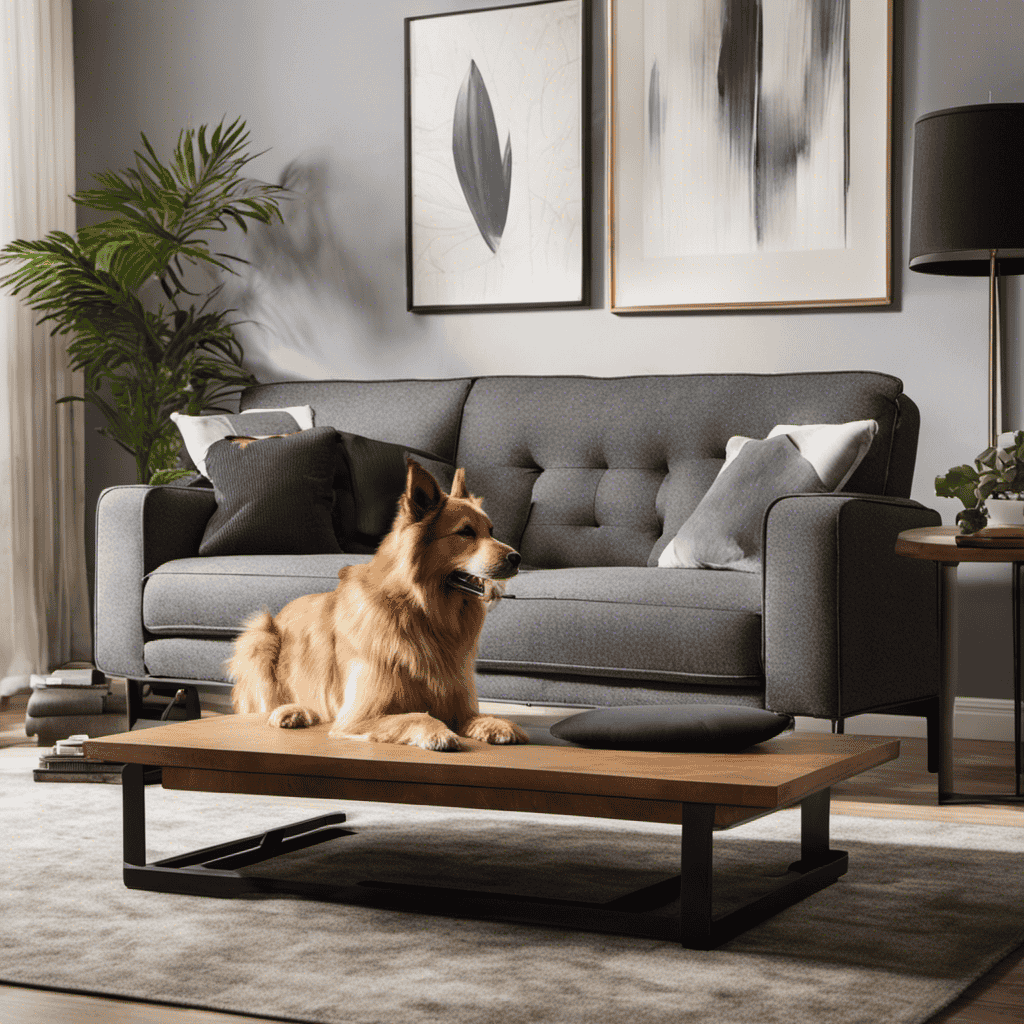 An image showcasing a cozy living room with a furry companion lounging on a clean sofa