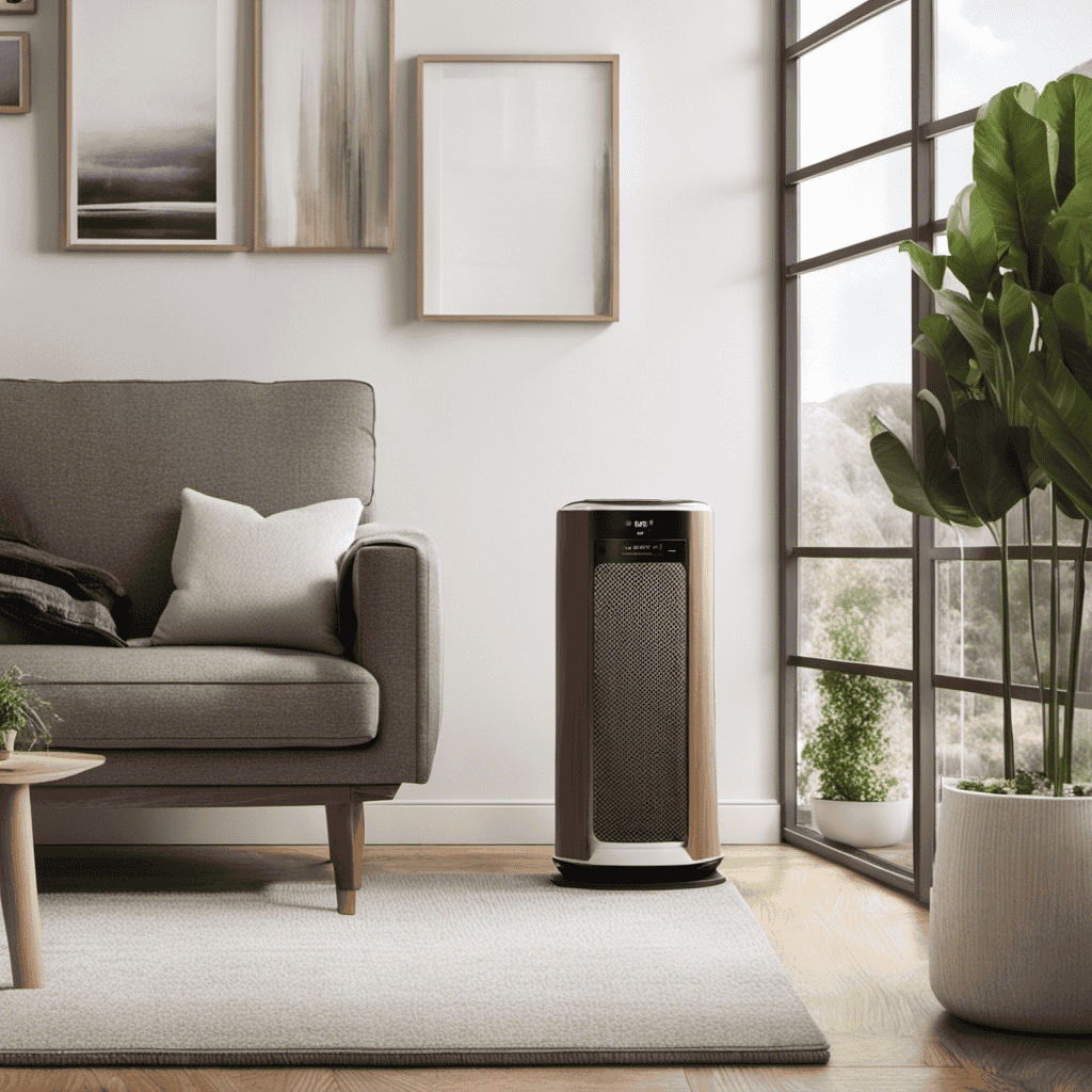 An image showcasing a cozy living room filled with natural light, where a contented pet lounges beside an advanced air purifier