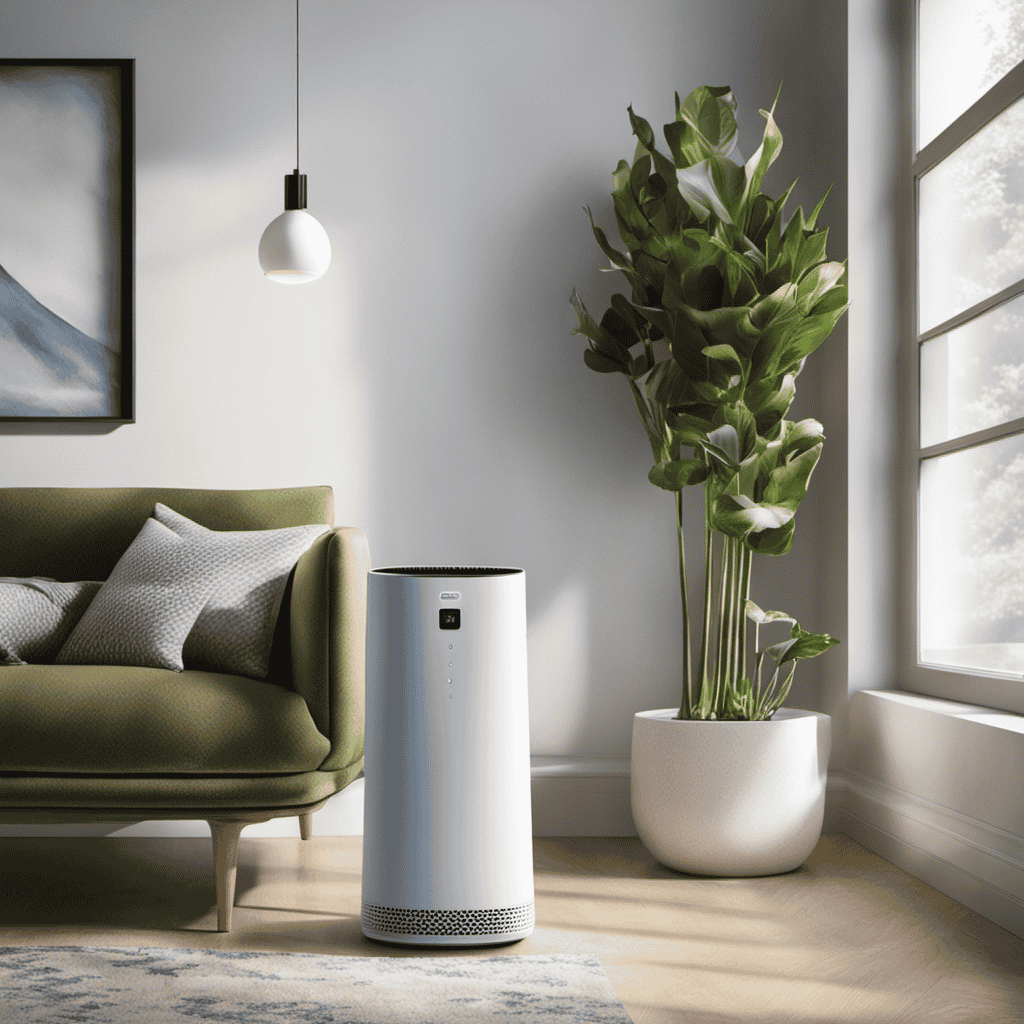 An image showcasing a sleek, compact air purifier with advanced filtration technology, emitting a soft blue glow