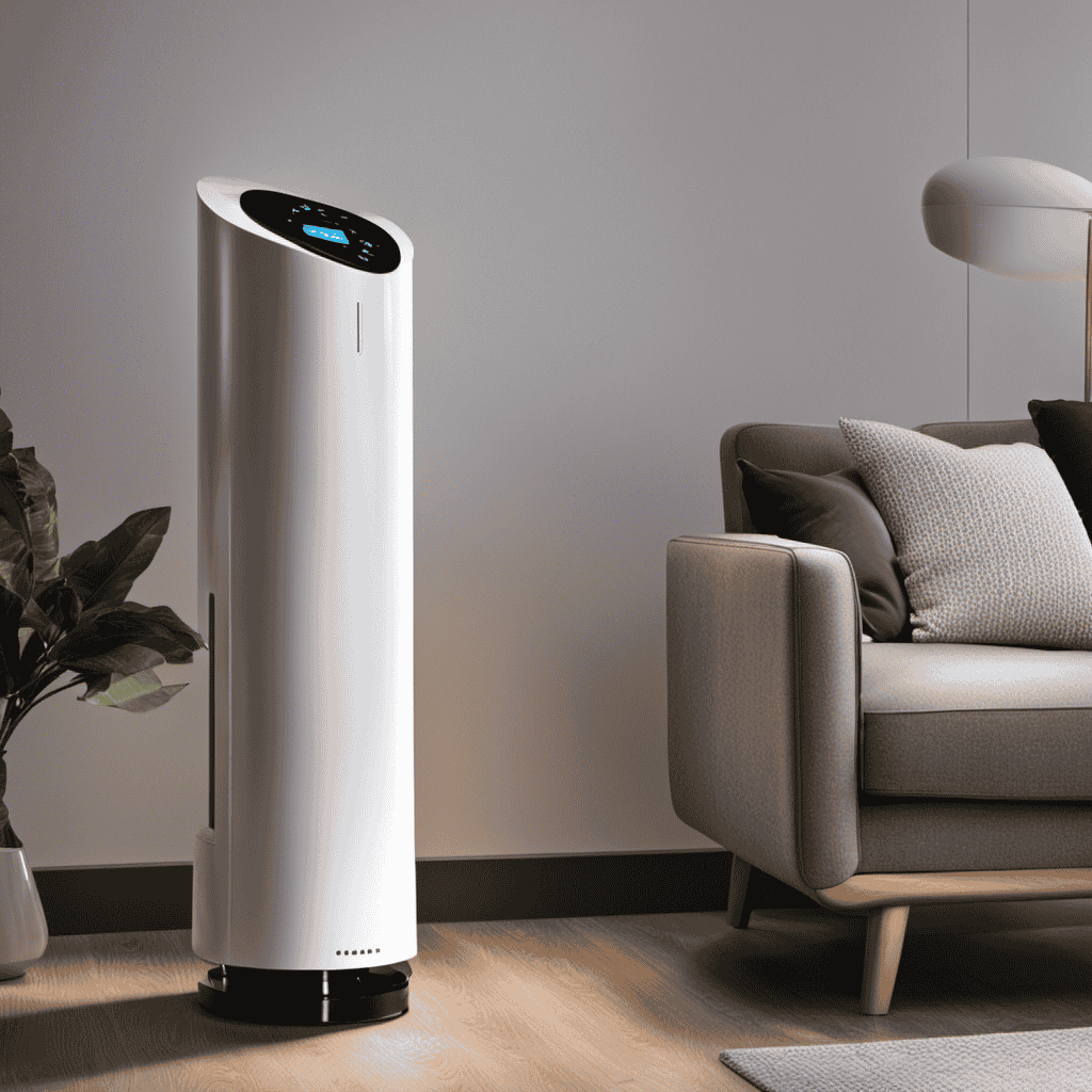 An image showcasing a sleek, modern air purifier placed in a living room corner