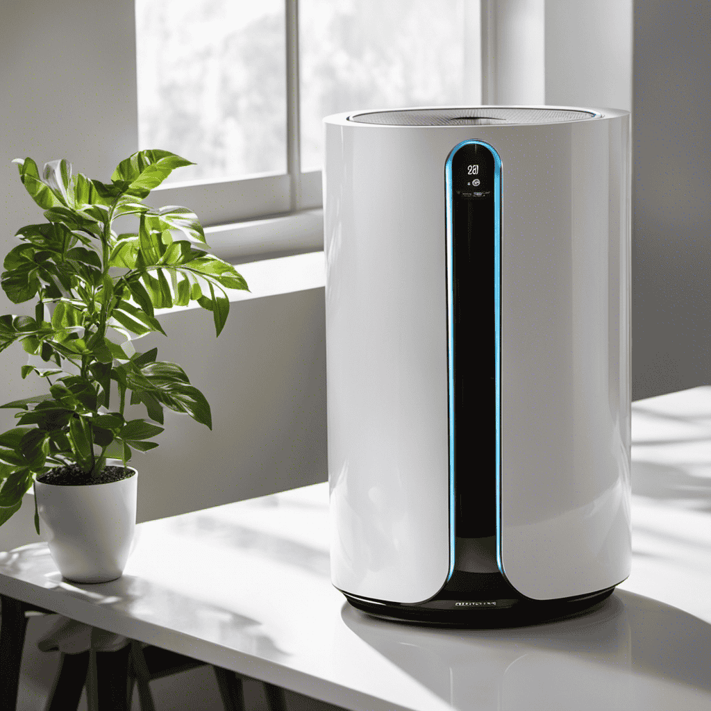 An image showcasing a sleek, modern air purifier placed on a clean, clutter-free white table
