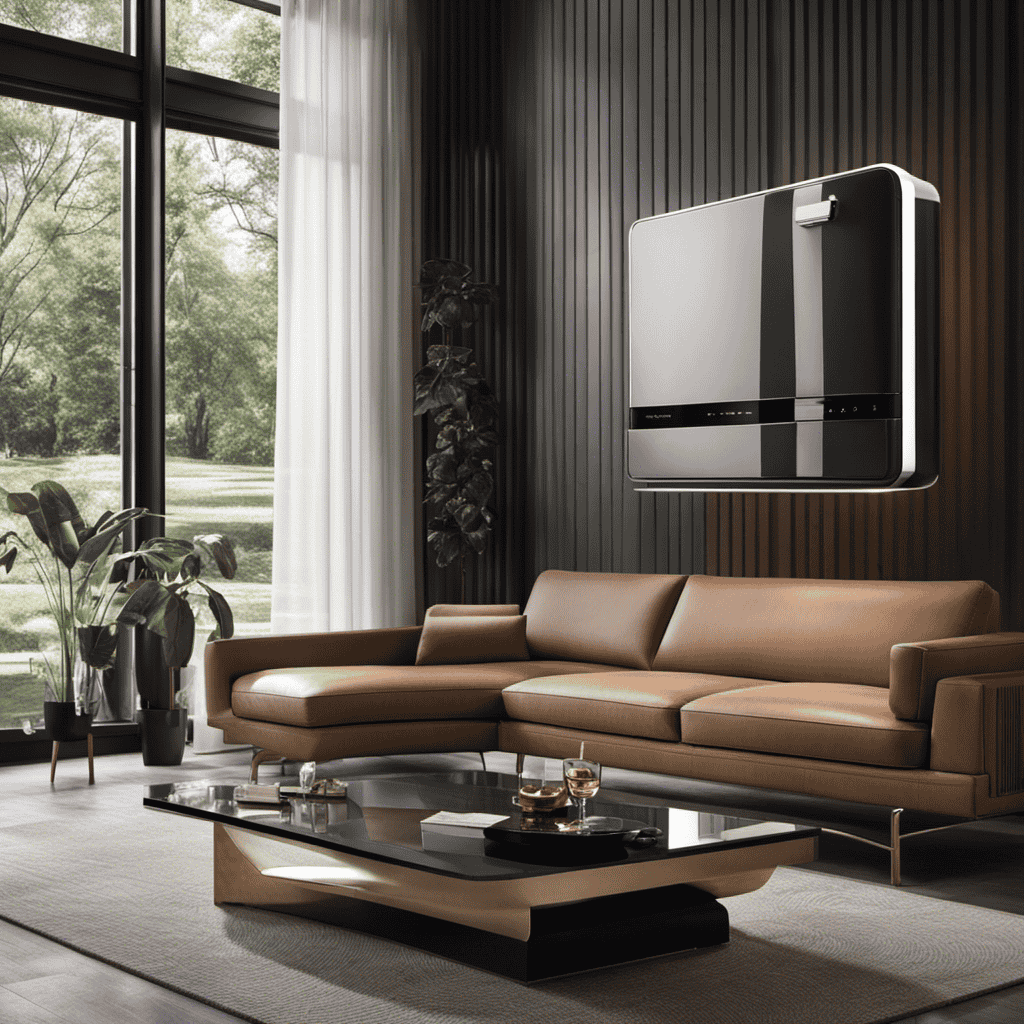 An image featuring a sleek, modern living room with a smoker enjoying a cigarette near an air purifier