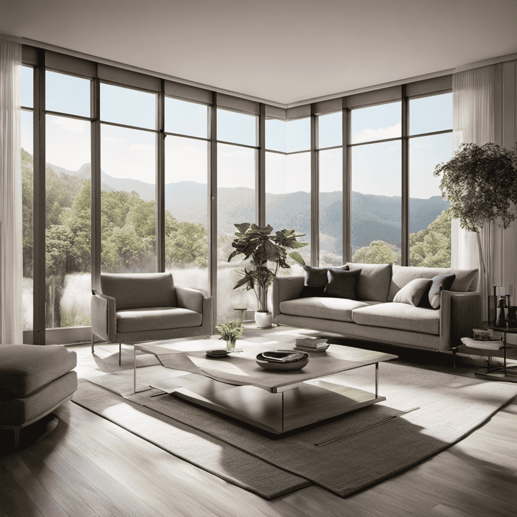 An image showcasing a spacious living room with an air purifier placed near a large window