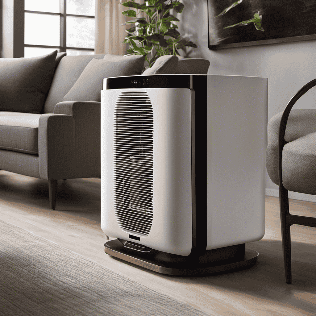 An image showcasing a sleek, modern air purifier in a living room setting