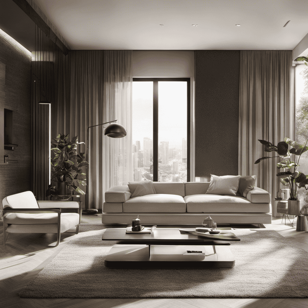 An image showcasing a modern living room with sunlight streaming through windows, while a sleek, state-of-the-art air purifier with a HEPA filter stands prominently, capturing and eliminating tiny particles in the air