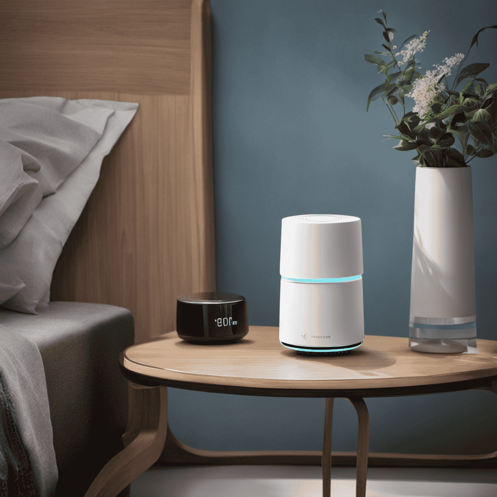 An image showcasing a compact, sleek mini air purifier placed on a bedside table