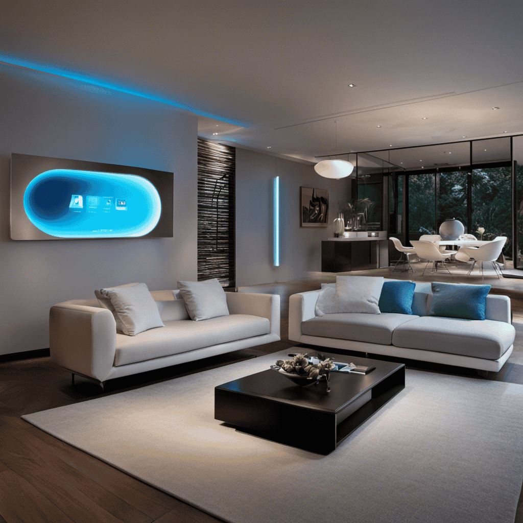 An image that showcases a sleek, modern living room with a Plasma Inverter Air Purifier discreetly mounted on the wall