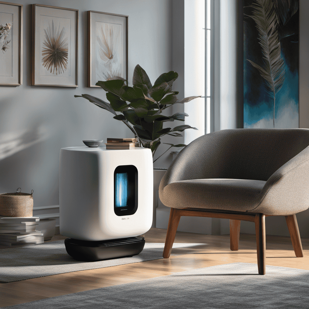 An image showcasing a sleek, modern living room with sun rays streaming through a window, highlighting a Plasmawave air purifier on a side table