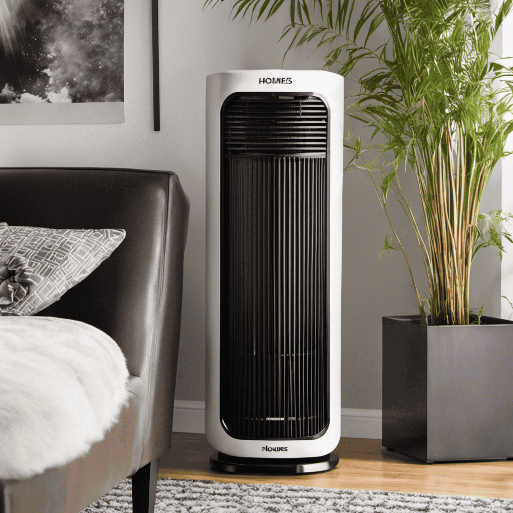 An image featuring a close-up shot of the Holmes® Visipure Tower Air Purifier Hap9425, with a focus on its pre-filter