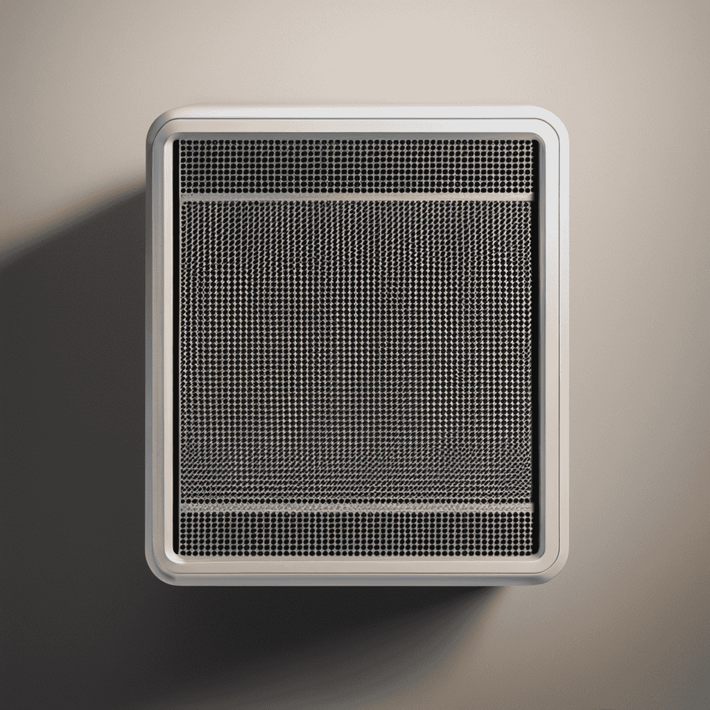 An image showcasing a close-up view of an air purifier's prefilter, capturing its intricate mesh design and the accumulation of dust particles