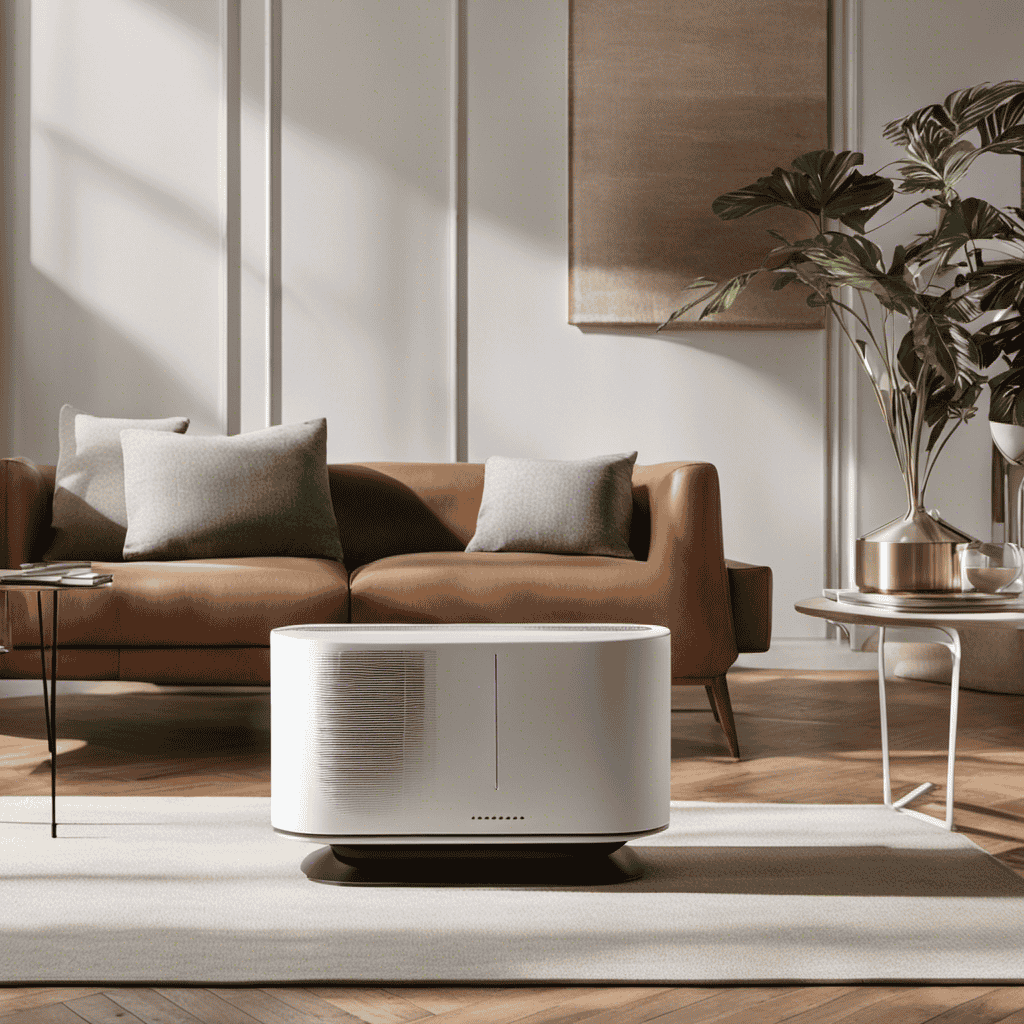 An image showcasing a modern living room with sunlight streaming through open windows, while a sleek, compact air purifier quietly operates in the corner