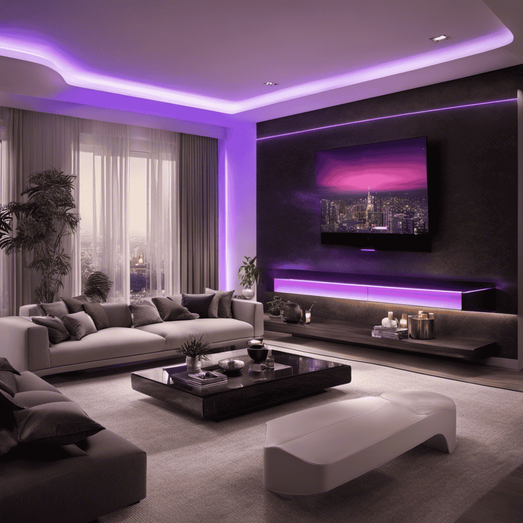 An image showcasing a sleek, modern living room with an ultraviolet (UV) air purifier seamlessly integrated into the decor