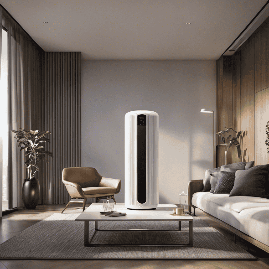 An image showcasing a sleek, modern air purifier placed in a living room with sunlit windows, capturing its silent operation