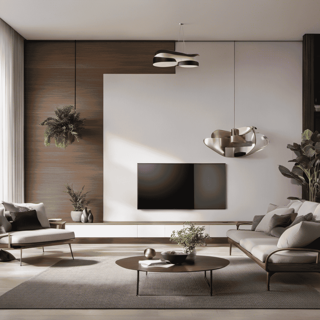 An image showcasing a modern living room with a sleek, wall-mounted air purifier seamlessly blending into the decor