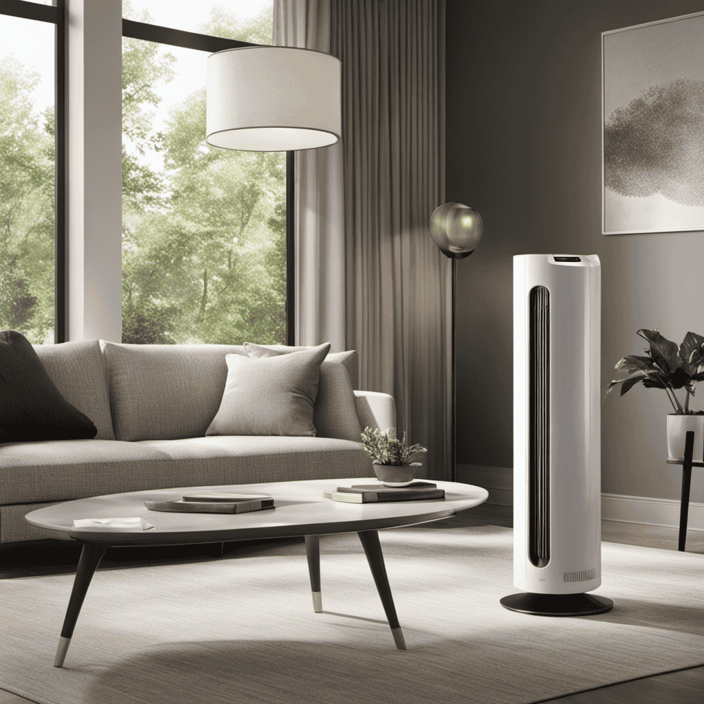 An image showcasing the sleek, cylindrical design of the Aer Type True HEPA Air Purifier against a backdrop of a sunlit living room