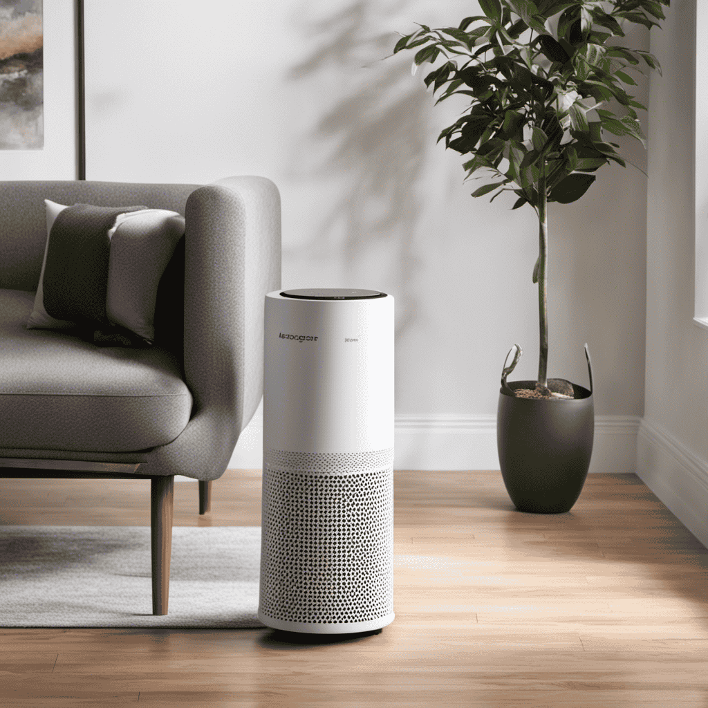 An image showcasing the sleek, compact design of the Aer1 Type True HEPA Air Purifier, with its advanced filtration system, capturing microscopic allergens and odors, while emitting fresh, clean air