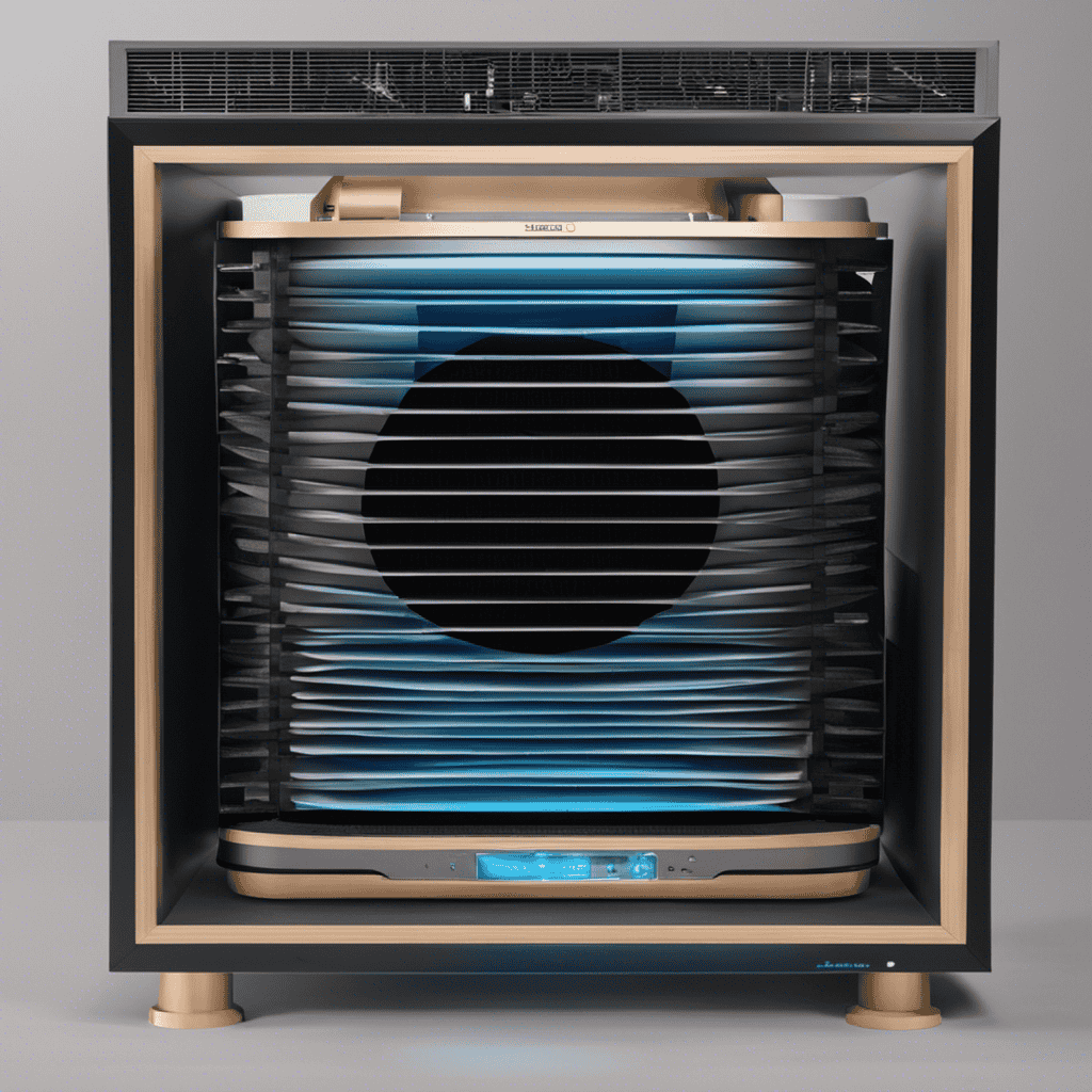 An image showcasing a cross-section of an air purifier, revealing its intricate components like a HEPA filter, activated carbon filter, and fan, illustrating the process of air purification