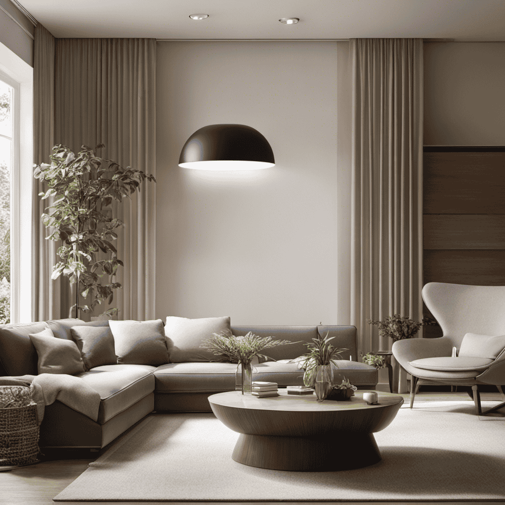 An image of a serene living room, bathed in soft natural light, with an air purifier silently humming in the corner