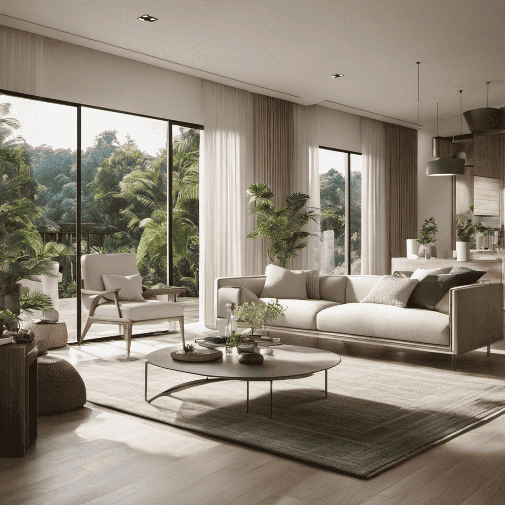 An image that showcases a serene living room with an air purifier in the corner, capturing the delicate dance of clean, fresh air circulating, while sunlight pierces through the purified atmosphere