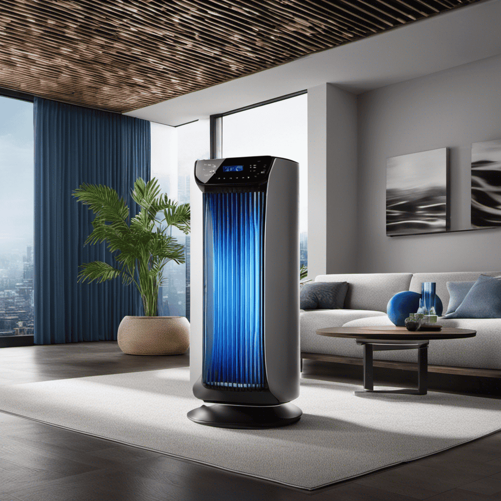 An image that showcases the intricate internal components of an air purifier ionizer, capturing the flow of purified air through a series of filters, accompanied by vibrant blue and green hues representing freshness and cleanliness