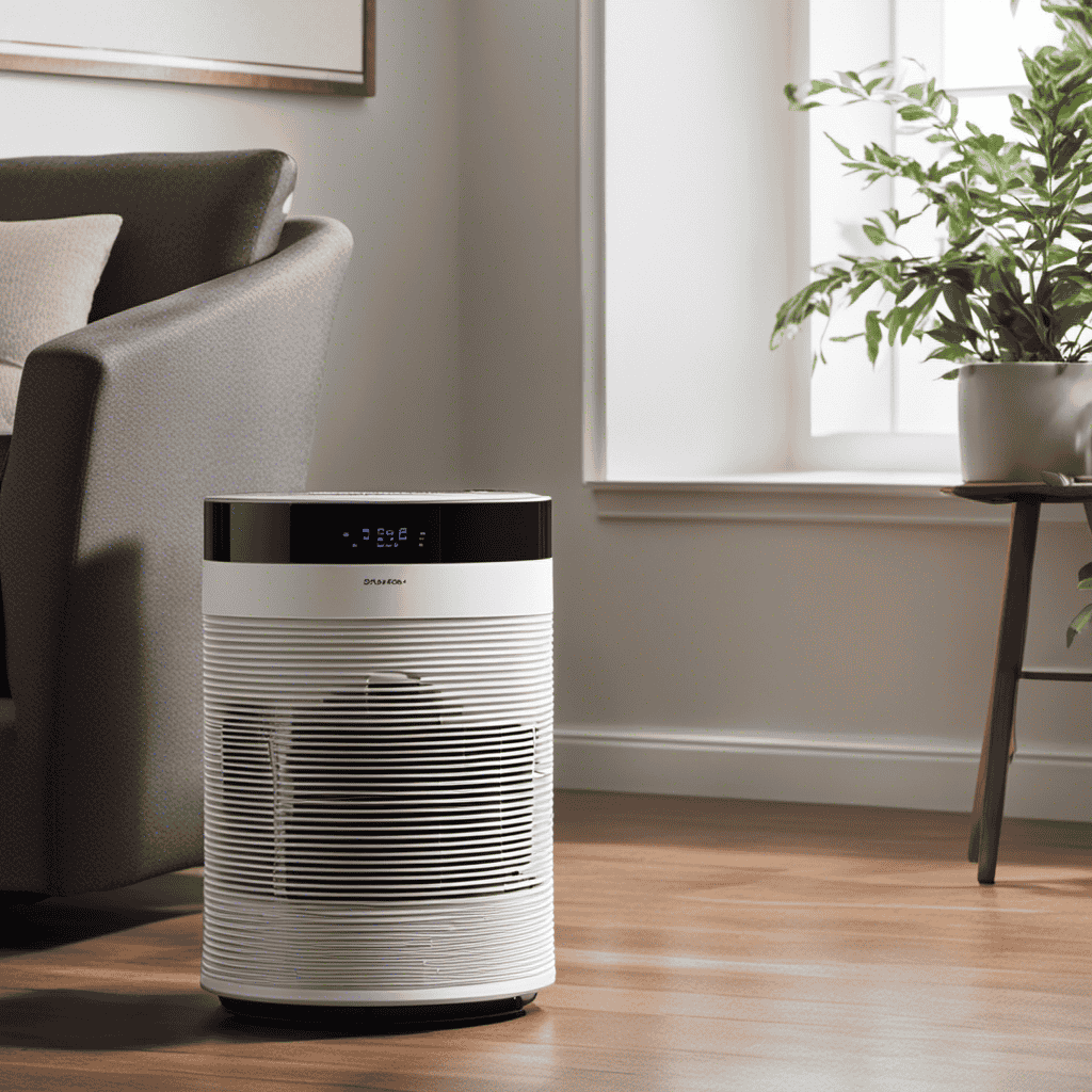 An image that showcases an air purifier in a well-lit room, capturing the device's sleek design and its ability to purify the air