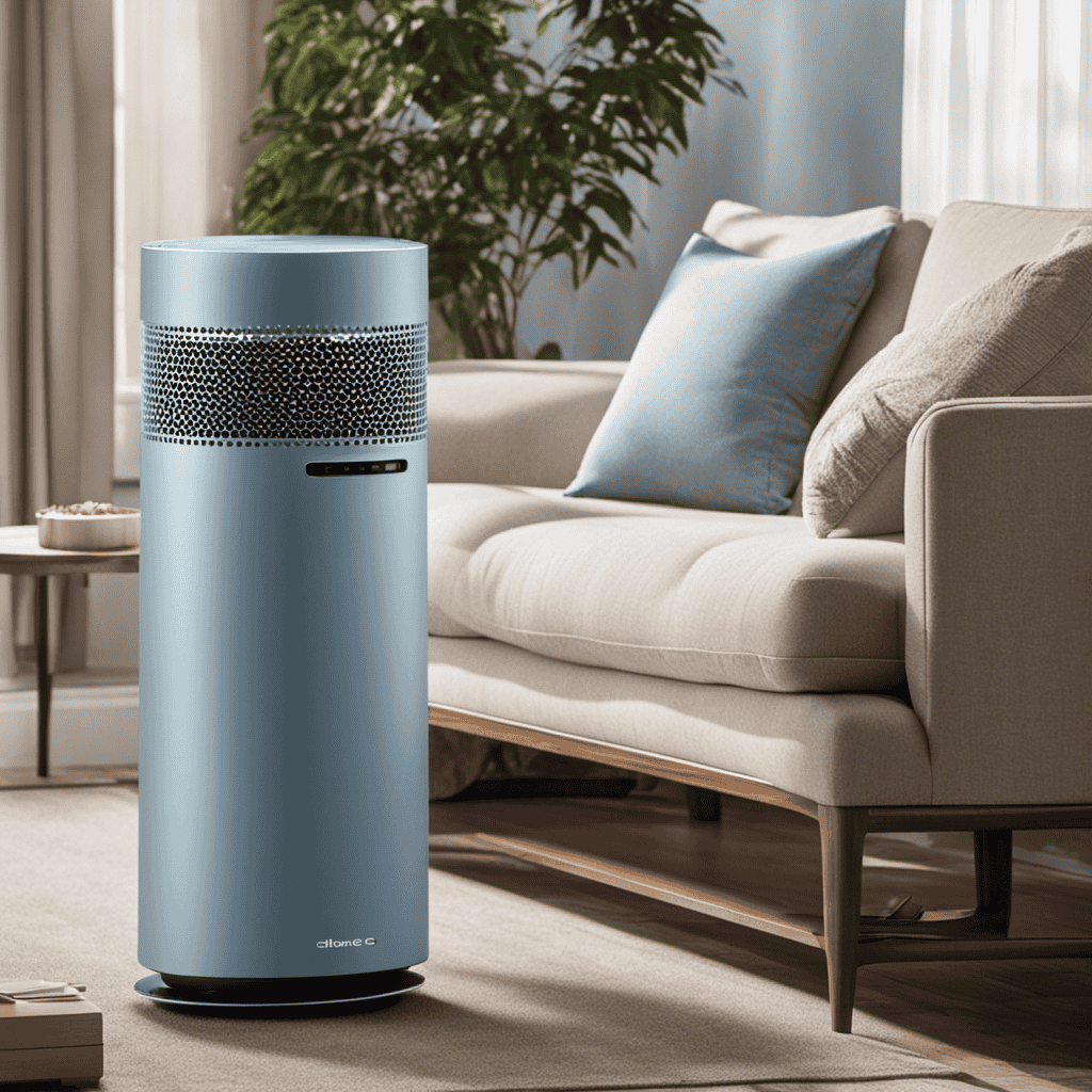 An image showcasing a sleek, compact portable air purifier installed in a living room
