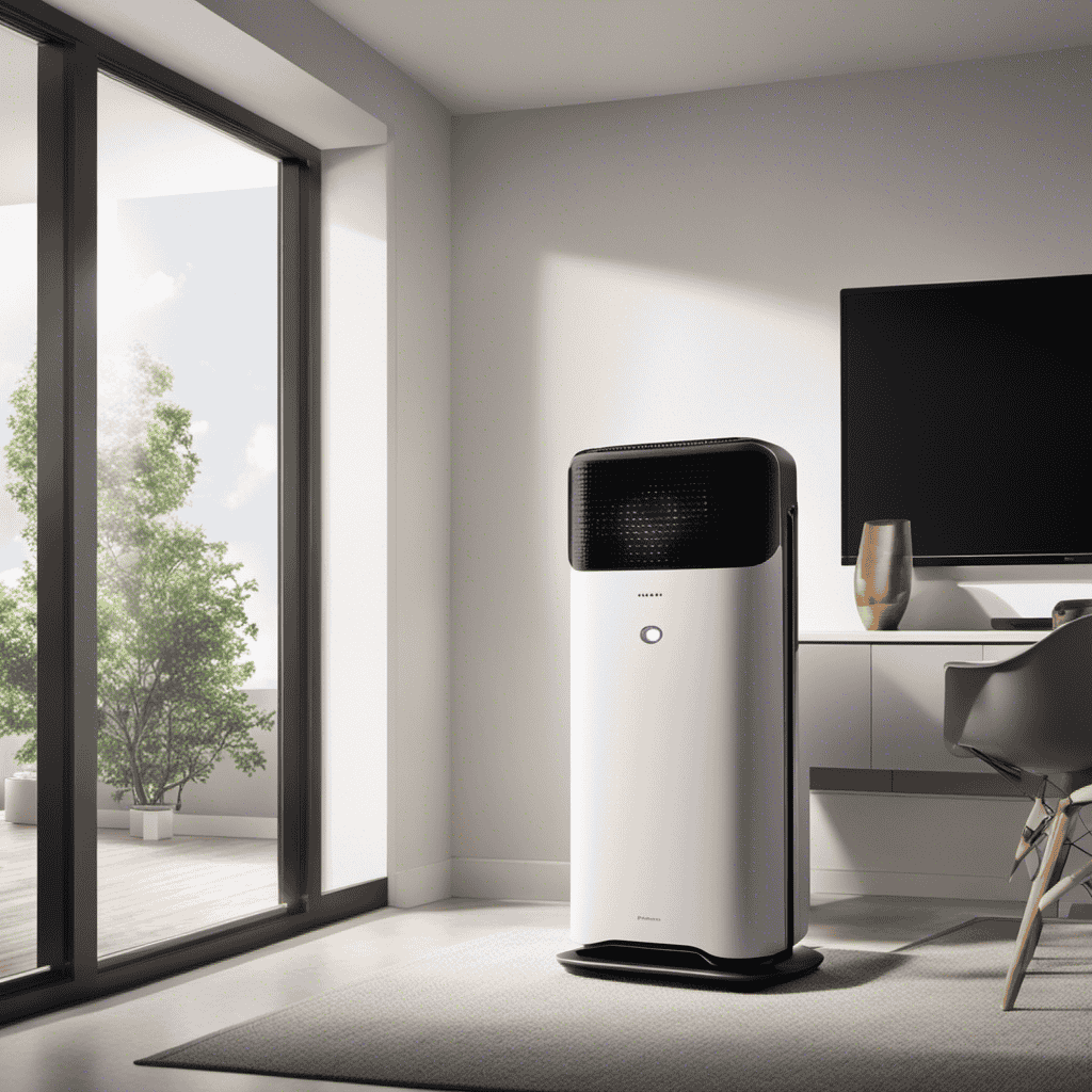 An image depicting an air purifier at work, with microscopic particles like dust, pollen, and smoke being sucked into the purifier, and clean, purified air being released back into the room