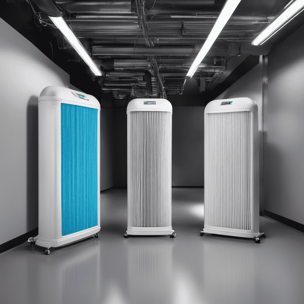 An image showcasing three distinct types of air purification technologies: High Efficiency Particulate Air (HEPA) filters, activated carbon filters, and ultraviolet germicidal irradiation (UVGI) systems