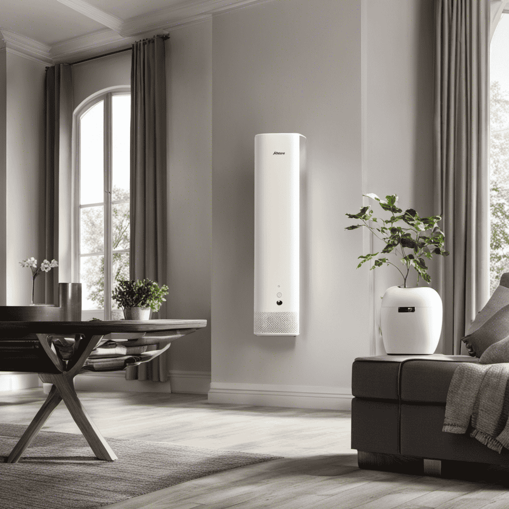An image showcasing an air purifier in a living room, with visible particles and pollutants (dust, pollen, smoke) suspended in the air