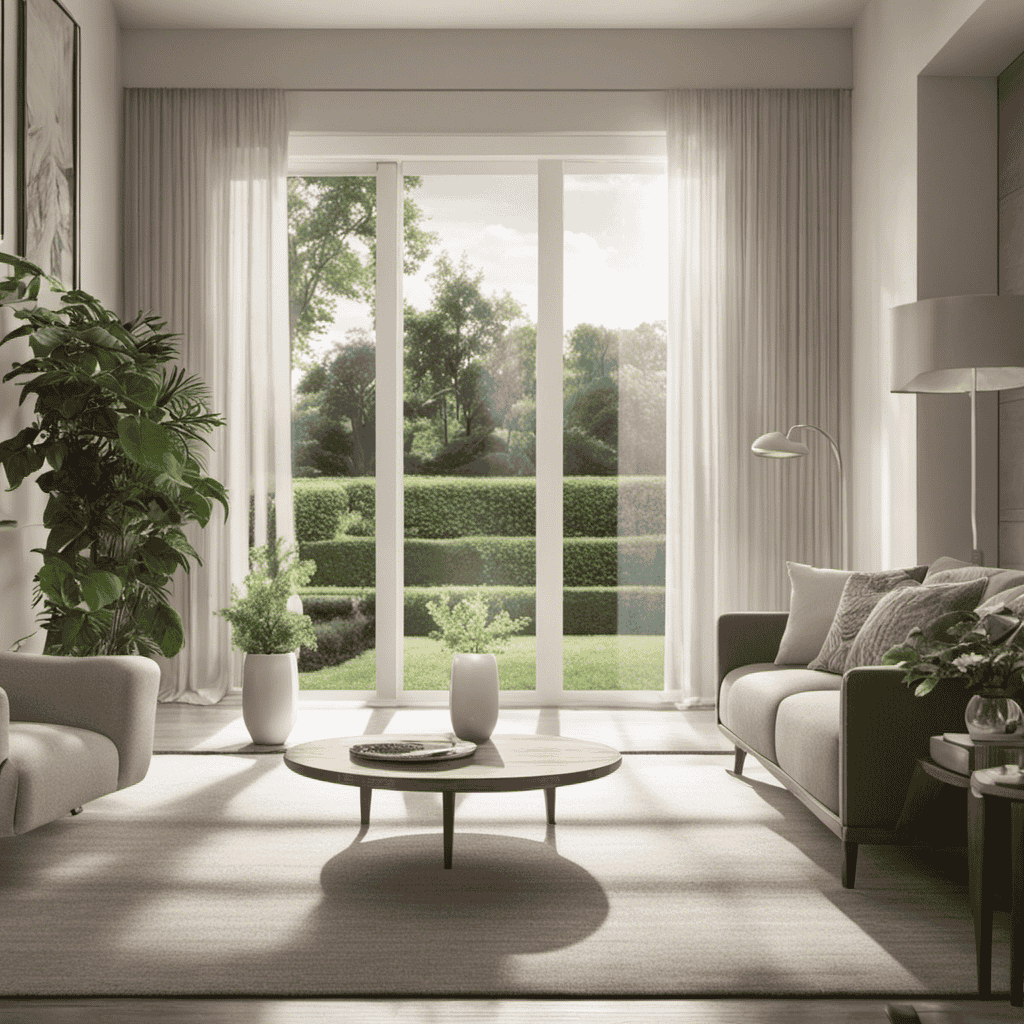 An image that showcases a serene living room with sunlight streaming through a clean window, capturing an air purifier effortlessly removing microscopic particles from the air, leaving it pure and fresh