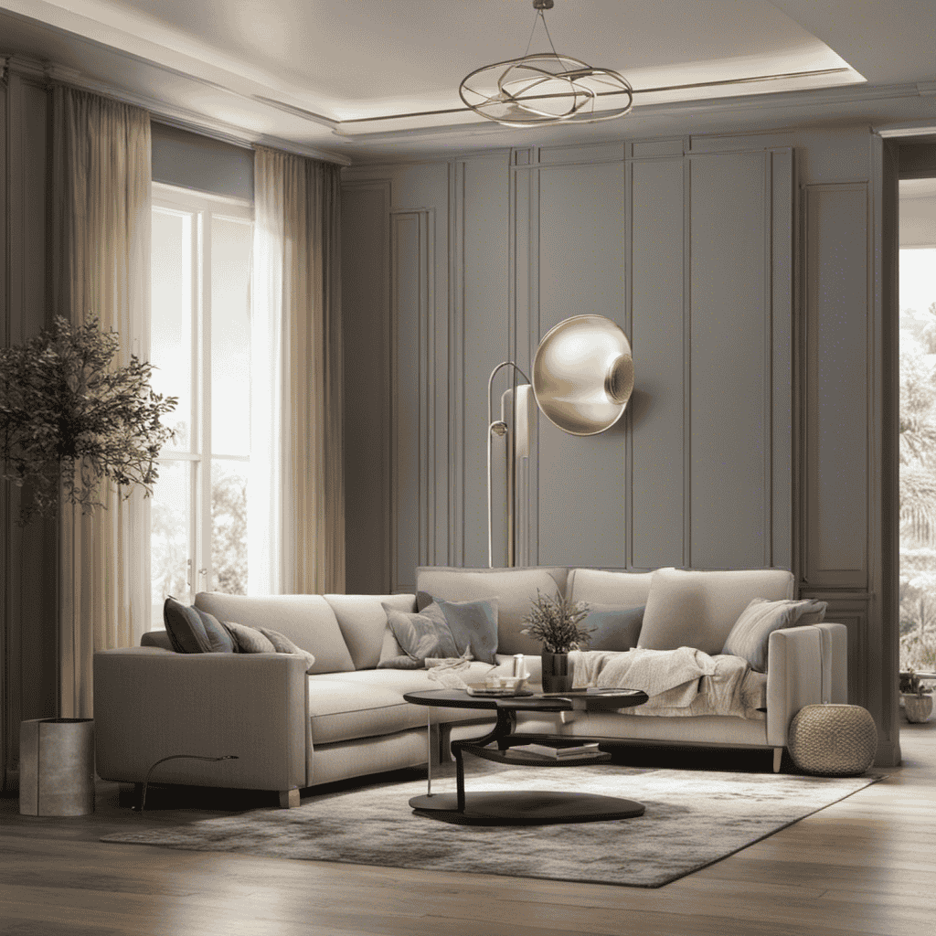 An image that depicts a serene living room scene with an air purifier standing in the corner, as streams of clean, purified air flow out of it and circulate around the room, removing dust particles, allergens, and pollutants