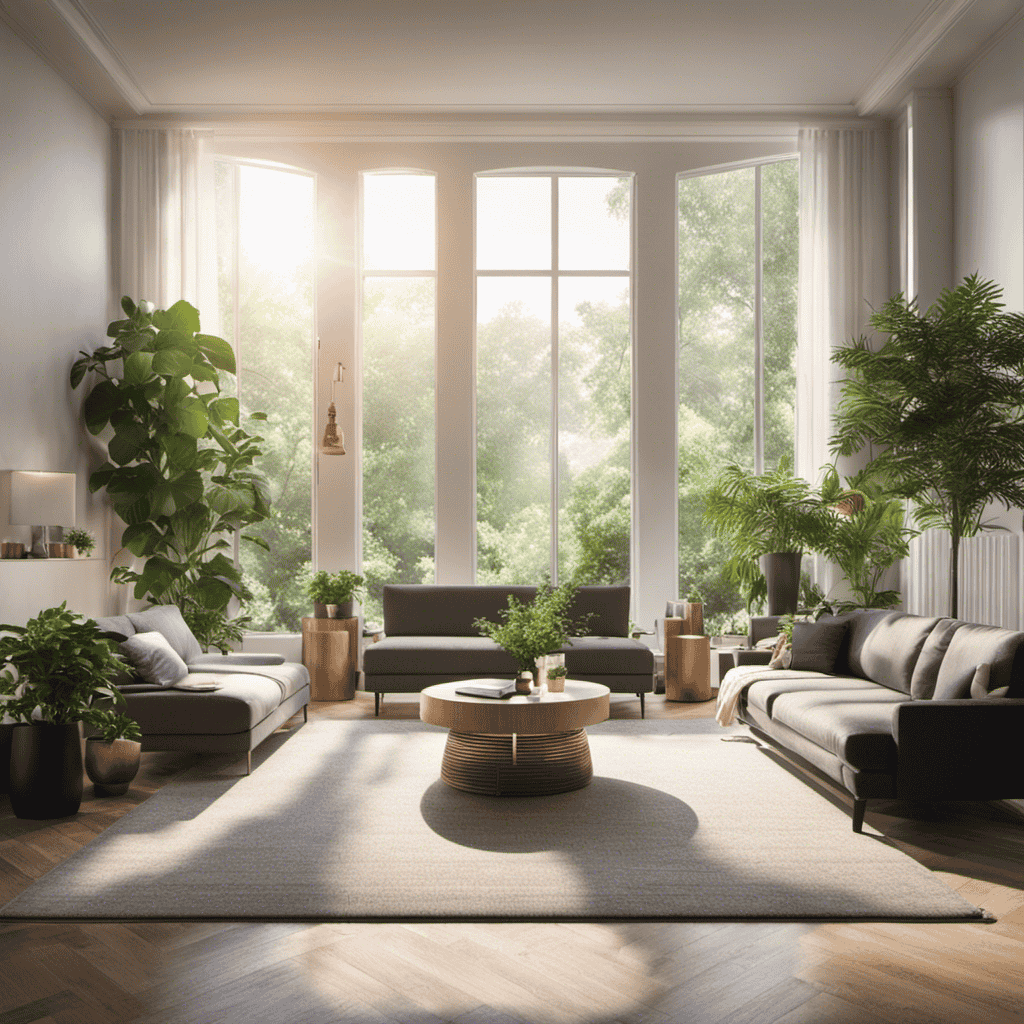 An image showcasing a serene living room with an air purifier placed near a large window