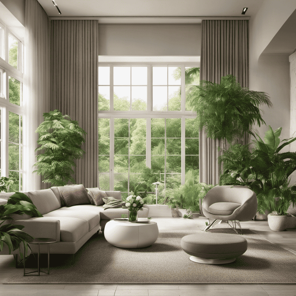 An image of a serene living room with an air purifier ionizer delicately releasing fresh, clean air