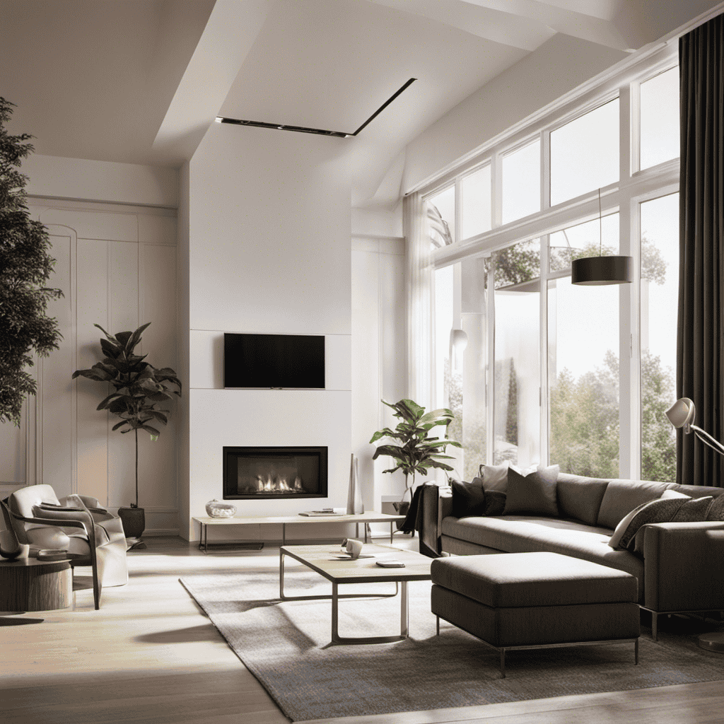 An image showcasing a modern living room with an air purifier ionizer placed near a window