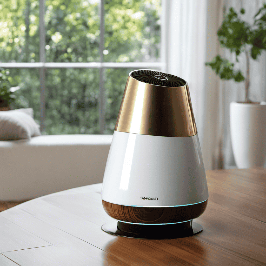 An image showcasing a sleek, modern air purifier placed on a polished wooden table