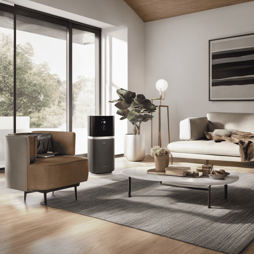 An image showcasing a modern living room with a sleek, compact HEPA air purifier placed on a side table