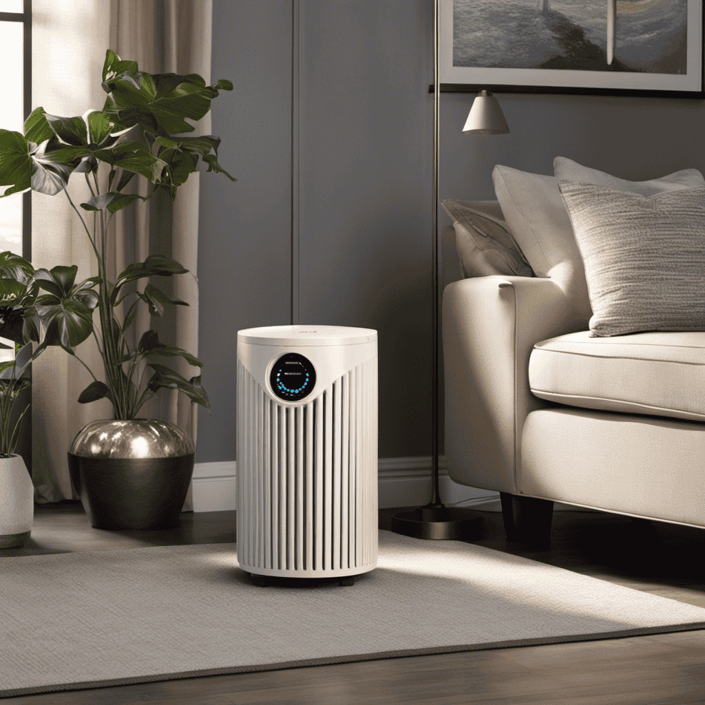 An image showcasing a serene living room with an Ionic Air Purifier discreetly placed on a side table