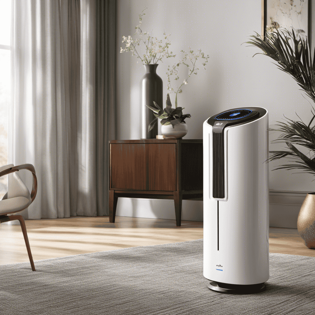 An image showcasing an Ionic Breeze Air Purifier in a well-lit room, capturing its sleek design and a gentle, swirling breeze of charged particles, effectively eliminating airborne contaminants