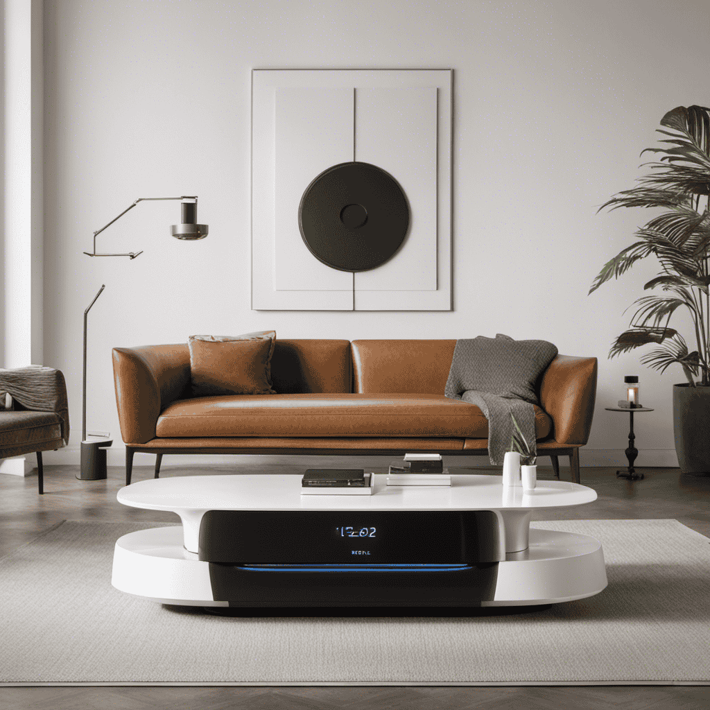 An image showcasing a sleek, modern living room with an Ionic Pro Air Purifier prominently placed on a side table, surrounded by clean, purified air and a sense of freshness