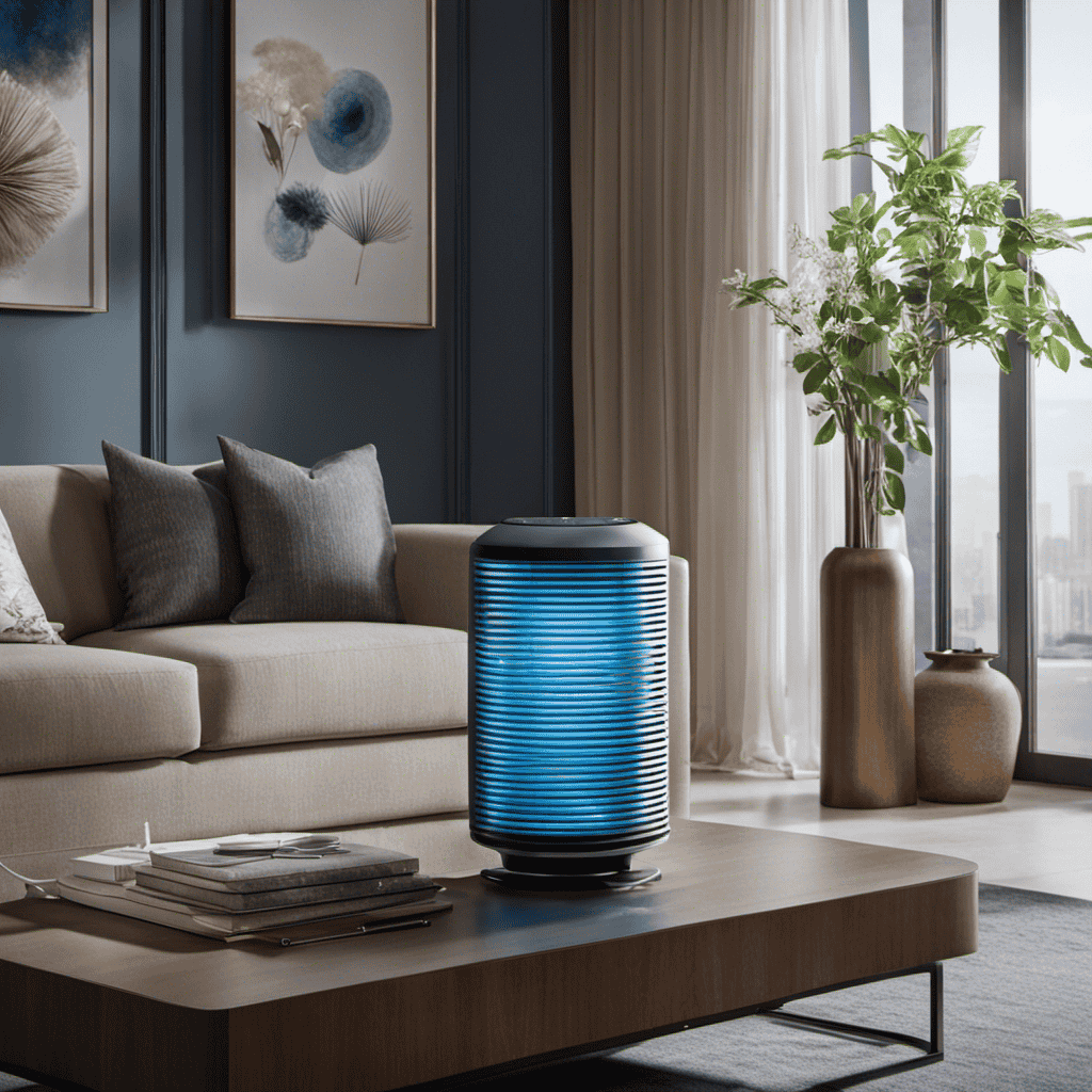 An image showcasing a sleek ionizer air purifier placed in a well-lit living room