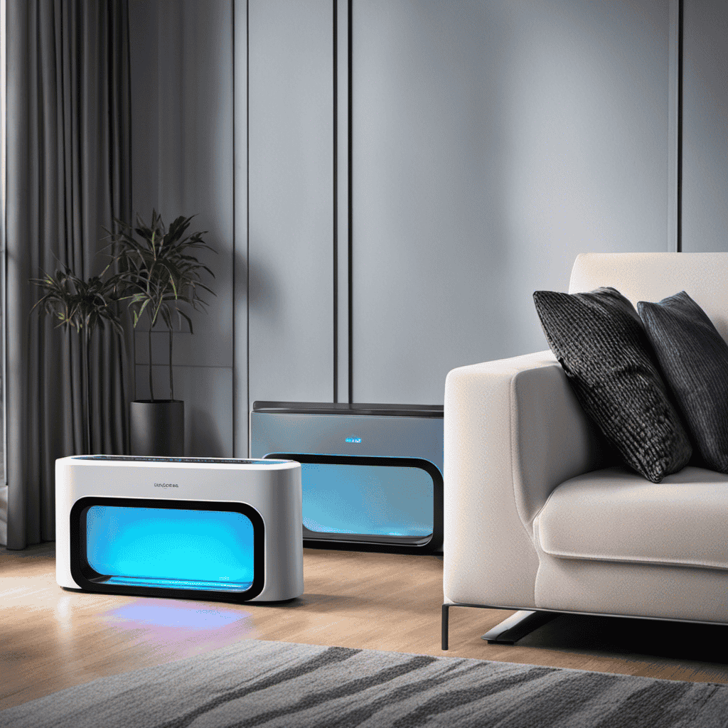 An image showcasing an air purifier with a sleek design, emitting a vibrant, blue glow