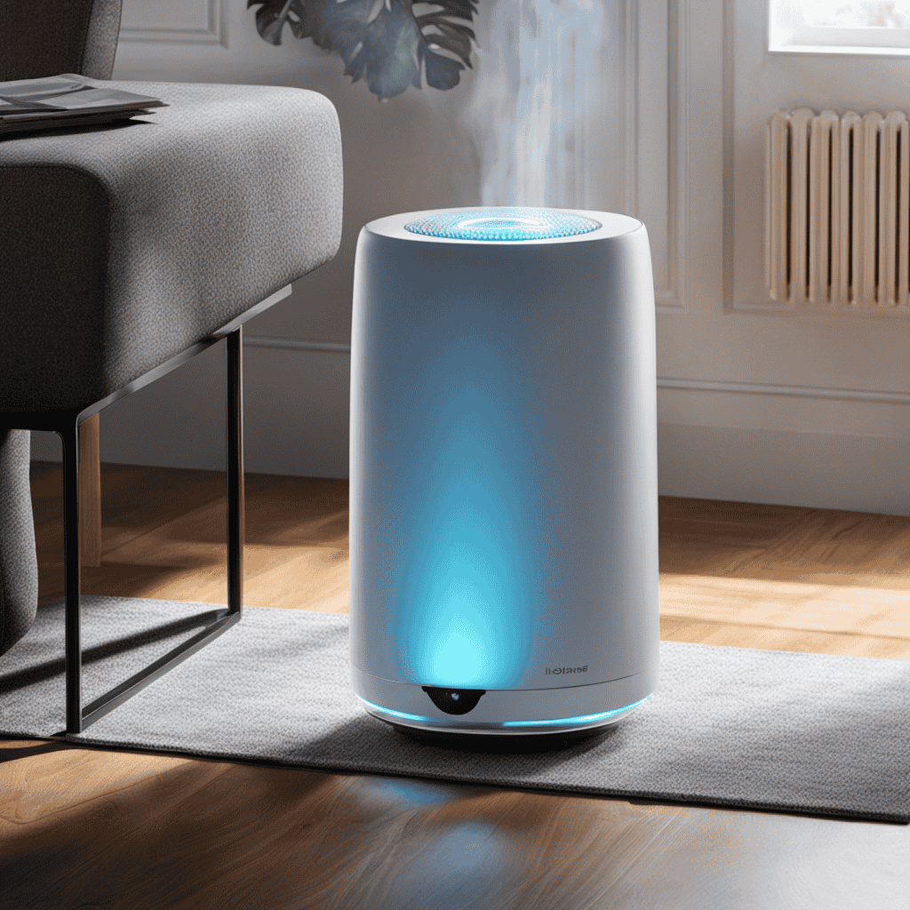 An image showing an air purifier with a sleek design, emitting a soft blue glow