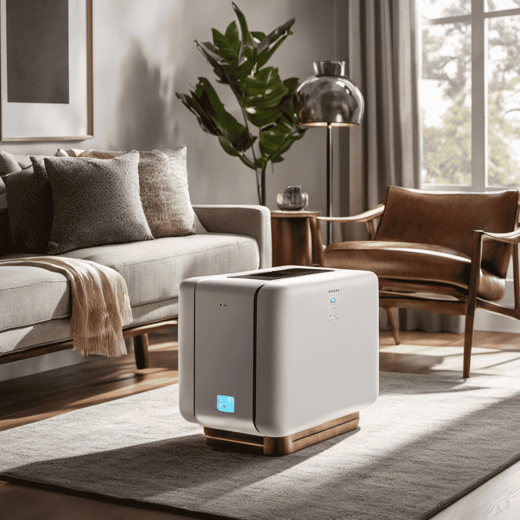 An image showcasing a modern living room with an ozone air purifier placed on a sleek end table, surrounded by clean, fresh air