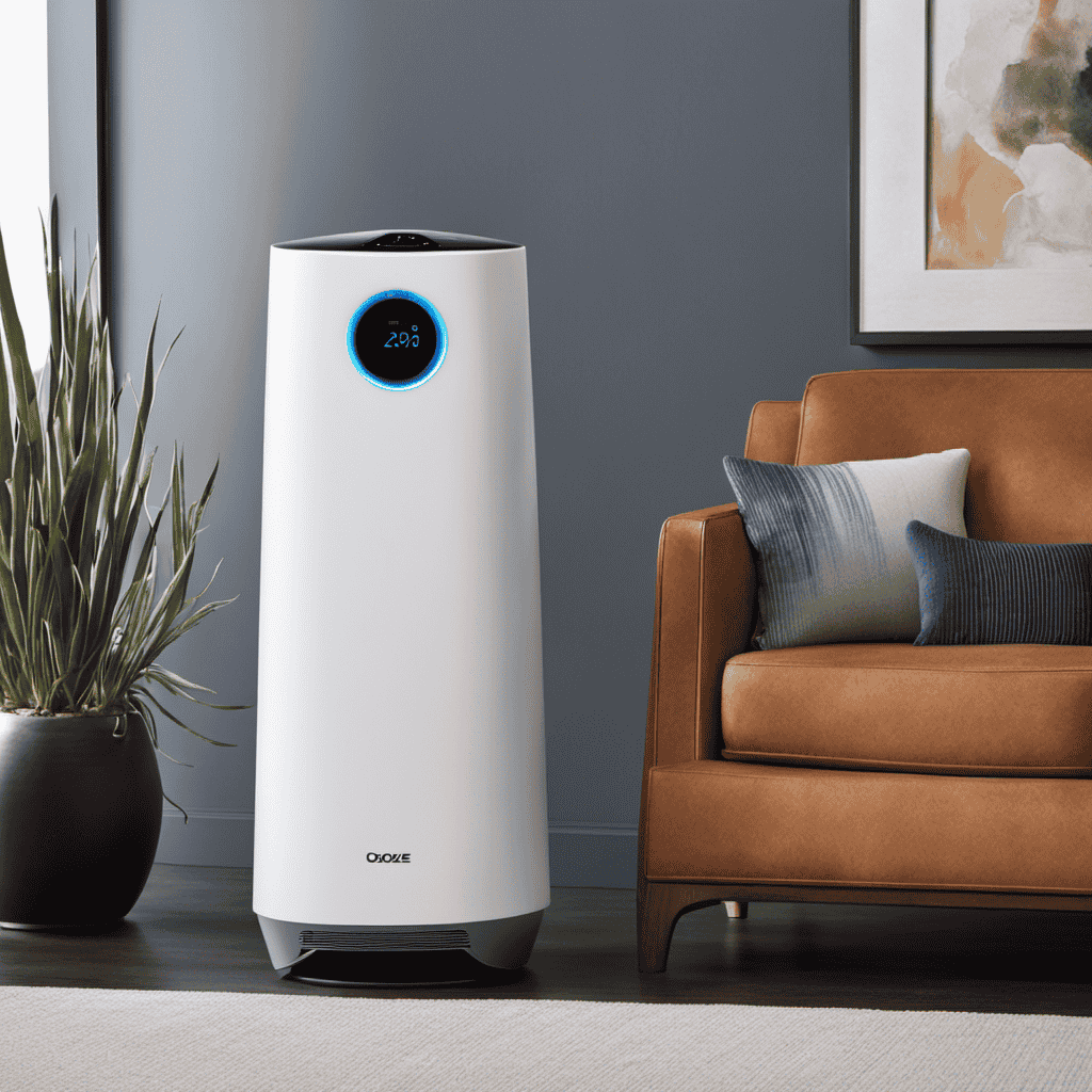 An image showcasing an ozone air purifier in a room, with its sleek design and modern features