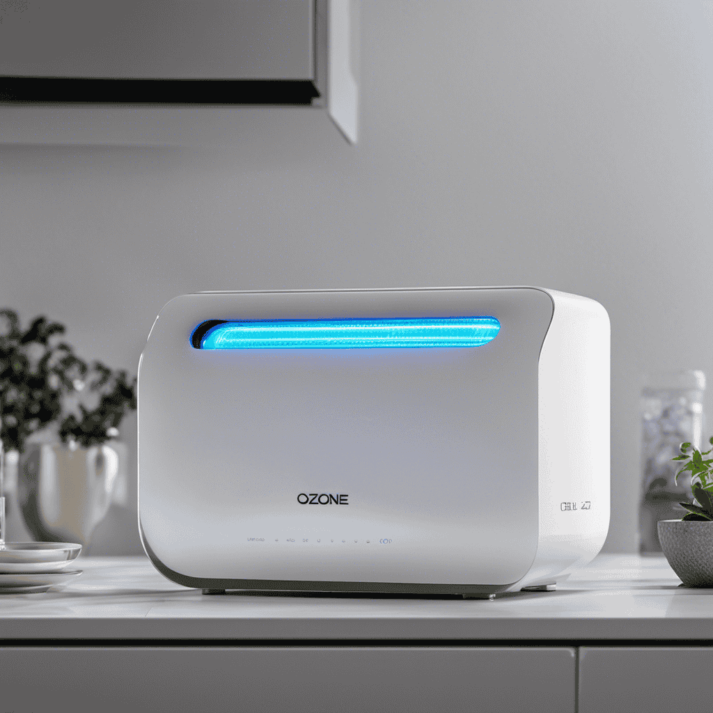 An image of a sleek, modern ozone generator air purifier standing on a clean, white countertop