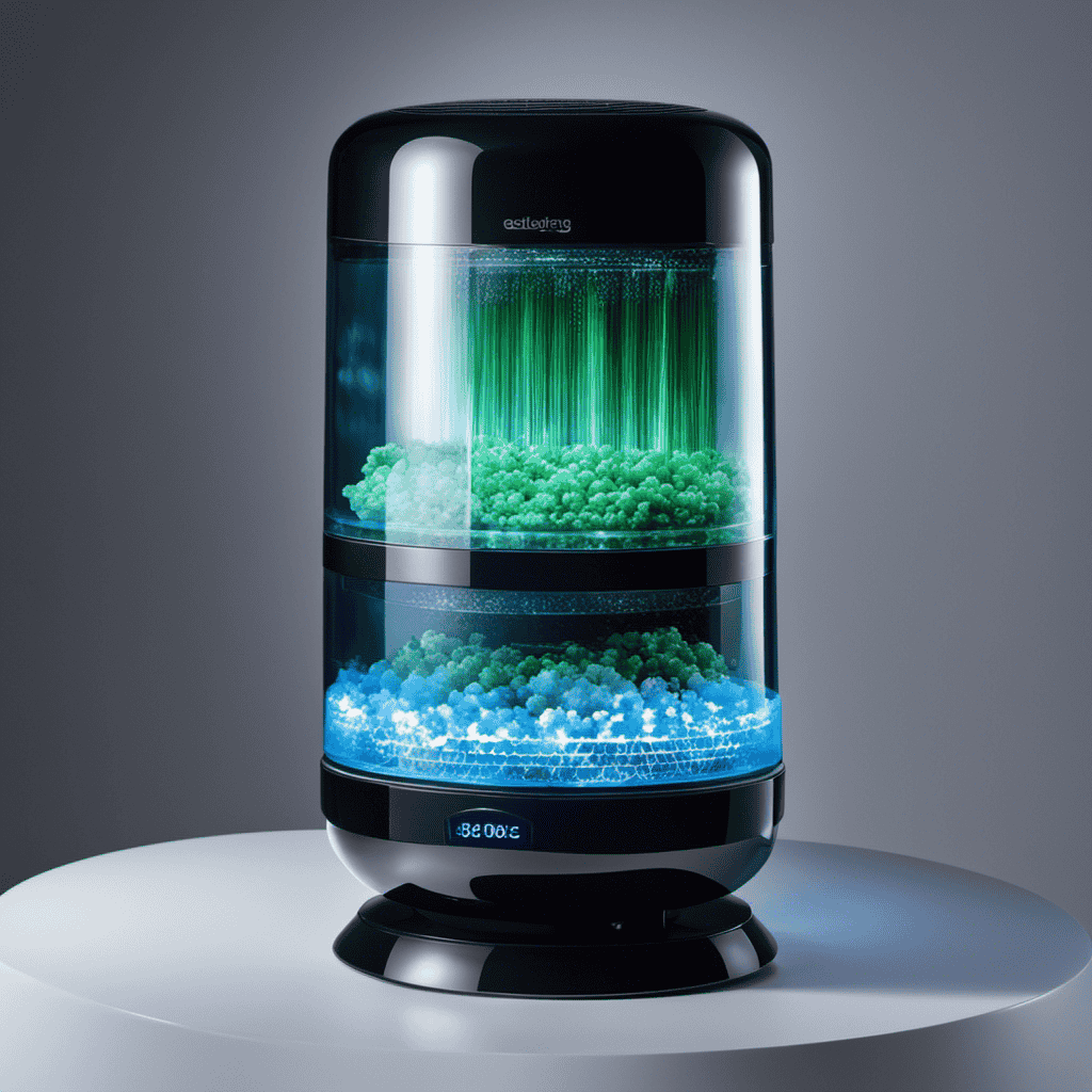 An image showcasing an air purifier emitting negatively charged ions (anions) into the air, with vibrant blue and green colors representing the ions spreading out and neutralizing pollutants, allergens, and airborne particles