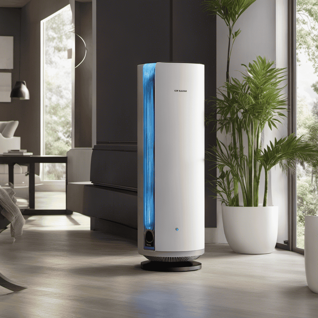 An image that showcases an air purifier emitting a stream of microscopic, negatively charged ions, which elegantly disperse throughout the room, neutralizing airborne pollutants and creating a refreshing, clean atmosphere